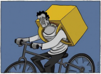 Um trabalhador de bicicleta com uma caixa às costas